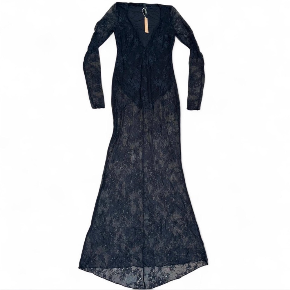SKIMS *NWT ULTRA FINE LACE PLUNGE LONG DRESS | COLOR: ONYX - Picture 3 of 9